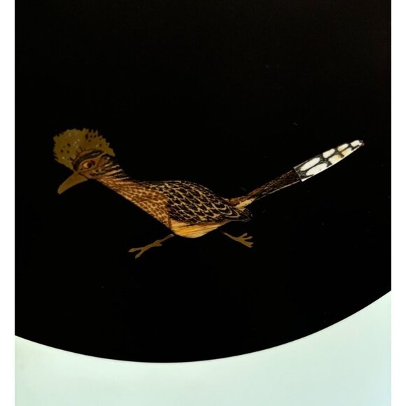 Vtg Couroc Of Monterey Utility Dish Roadrunner Inlaid Design Black Gold 7” MCM - Picture 2 of 5